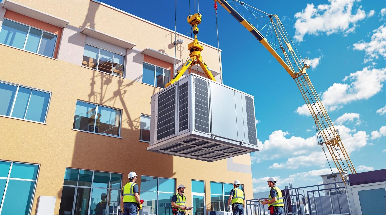 Crane lifting a large air handling unit onto a commercial roof